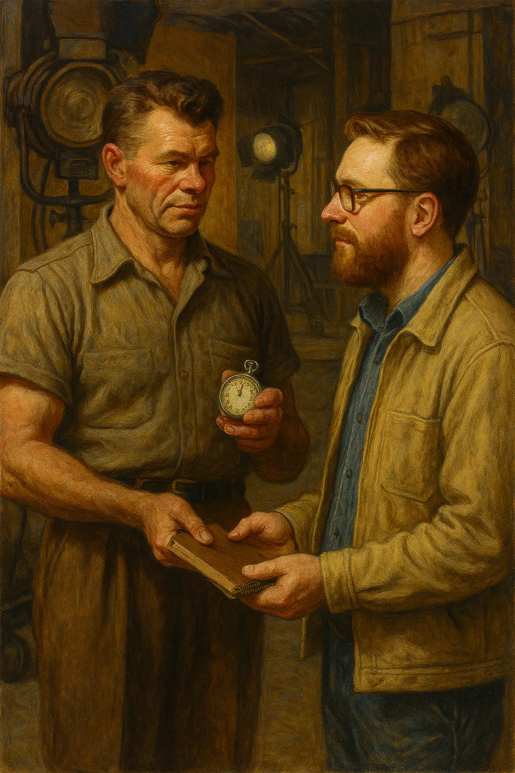 Norman Rockwell–style oil painting of George Merhoff, now in the age he was on the show, late 30s or early 40s, handing off a worn notebook and stopwatch to Justin Merhoff. The two stand on a vintage soundstage, one light glowing softly overhead.