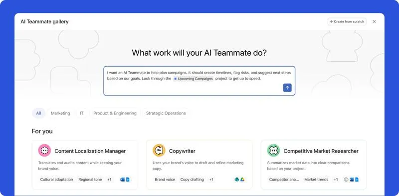 Asana AI Teammate gallery - creating a teammate that will work inside projects as an assignee
