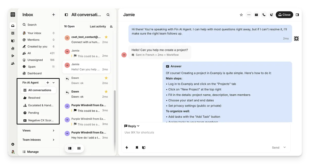 Intercom Fin AI - conversations in the inbox with Resolved, Escalated, Pending views