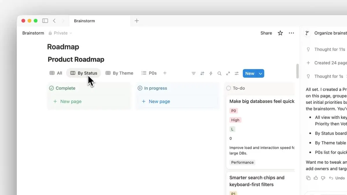 Notion Agent - final result: By Status kanban view with agent summary