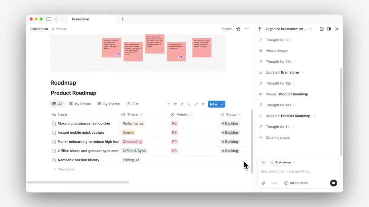 Notion Agent - Product Roadmap database created, rows being populated from sticky note content