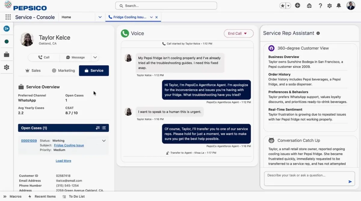 Salesforce Agentforce Service Console - agent handling a case, escalating to human with full context visible