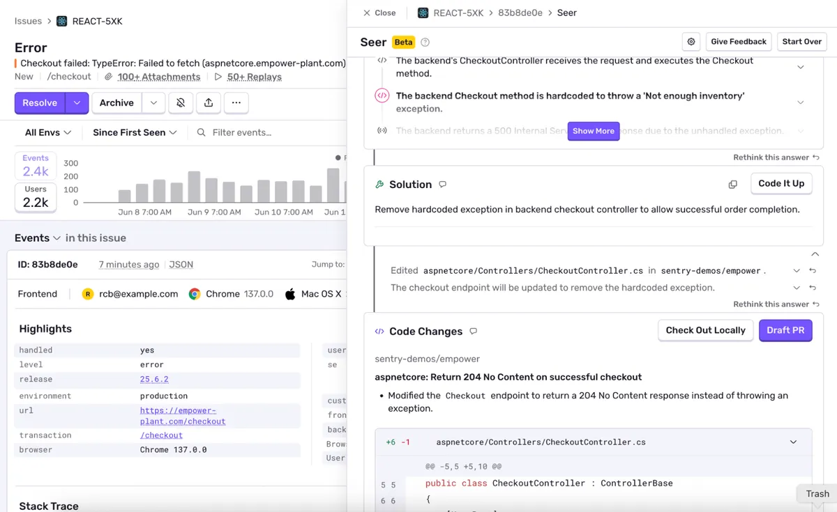 Sentry Seer - root cause analysis and code fix proposed inside the issue view