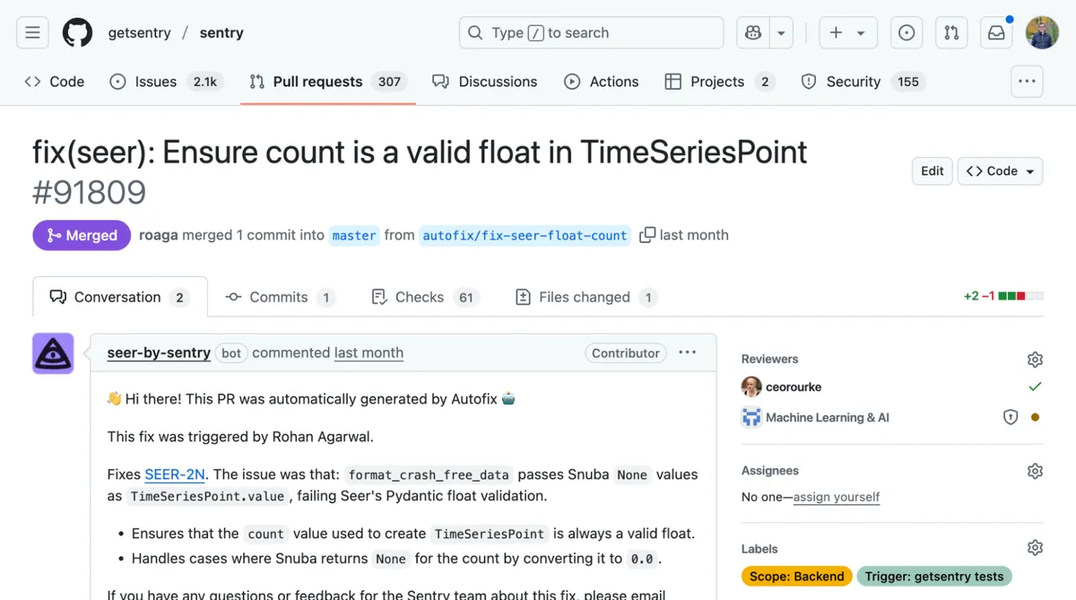 Sentry Seer - GitHub PR automatically created and merged, no human initiated it