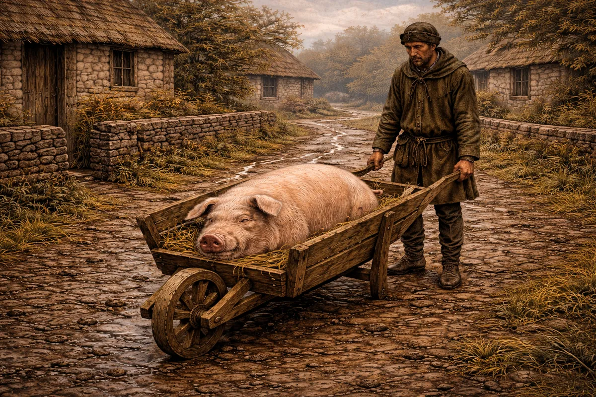 pig asleep in wheelbarrow