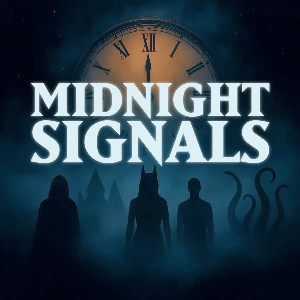 Midnight Signals podcast cover art – glowing clock above three silhouettes in blue mist.