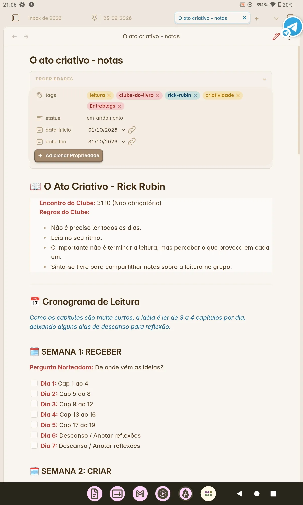 Captura de tela do Obsidian em um dispositivo móvel. A nota aberta chama-se 
