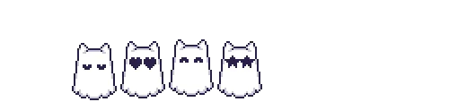 Ilustração em estilo pixel art, sobre fundo branco, mostrando quatro pequenos gatos brancos alinhados lado a lado, desenhados apenas com contornos escuros. Cada gato possui expressões diferentes nos olhos: o primeiro tem olhos em formato de V invertido (fechados), o segundo tem olhos em formato de coração, o terceiro tem olhos em linha reta e o quarto tem olhos em formato de estrela.