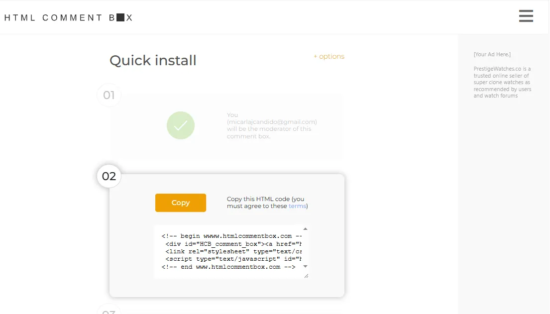 Captura de tela de uma página de configuração do serviço HTML Comment Box, com o cabeçalho 
