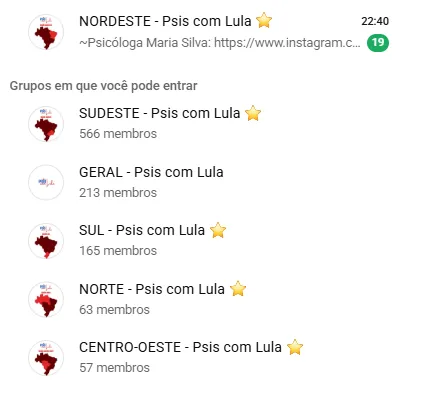 Captura de tela de uma interface de mensagens exibindo uma lista de grupos. No topo, o grupo