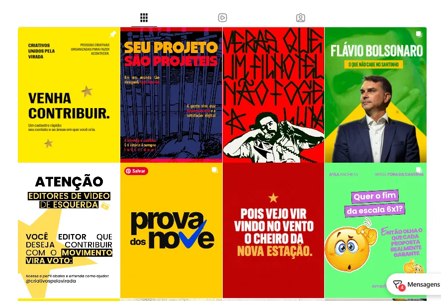 Captura de tela do feed do Instagram, exibindo uma grade com nove postagens (duas linhas visíveis). Na barra superior, há ícones de navegação para grade, reels e marcações. No canto inferior direito, sobrepõe-se um botão de