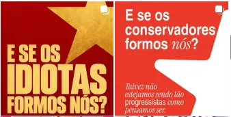Colagem com dois painéis de fundo vermelho. Painel esquerdo: fundo vermelho escuro com uma estrela amarela estilizada no canto superior direito e o texto em letras amarelas grandes