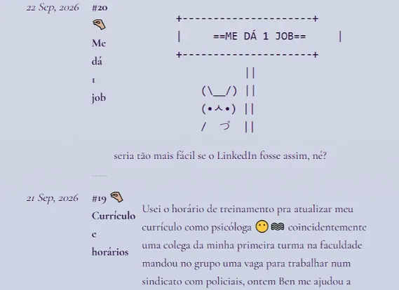 Captura de tela de um microblog com fundo azul claro, mostrando duas postagens. Na parte superior, a postagem do dia