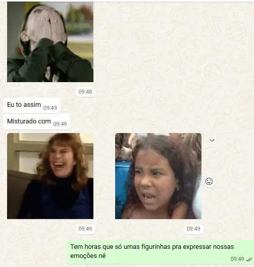 Captura de tela de uma conversa no WhatsApp, com fundo bege claro contendo rabiscos de desenhos animados. A conversa mostra uma sequência de memes e mensagens: No topo, uma imagem de uma pessoa com o rosto distorcido por um filtro, segurando o rosto com as mãos em expressão de choque ou grito, com a hora