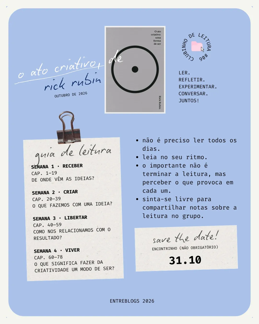 Cartaz digital de fundo azul claro sobre um clube de leitura. No topo, à esquerda, o texto manuscrito 