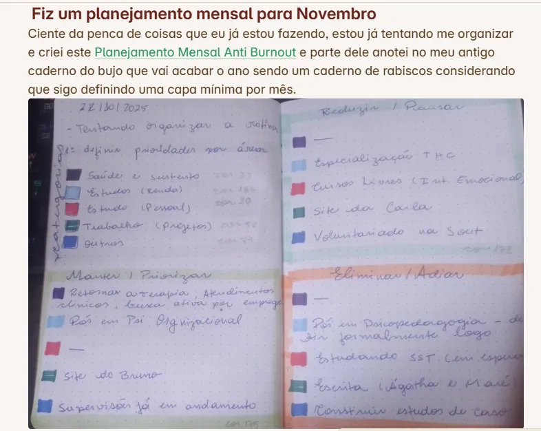 Captura de tela de um texto e uma foto de um caderno. O texto no topo diz 