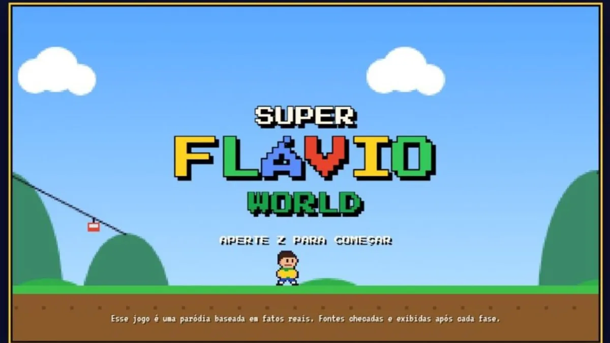 Tela de título de um jogo de videogame retrô em estilo 8-bit, com uma moldura dourada fina. O cenário mostra um céu azul com nuvens brancas, colinas verdes e um chão marrom, além de um teleférico à esquerda. No centro, o título