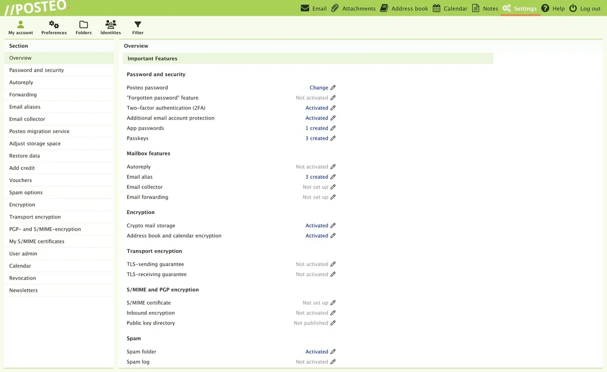 Posteo's settings page