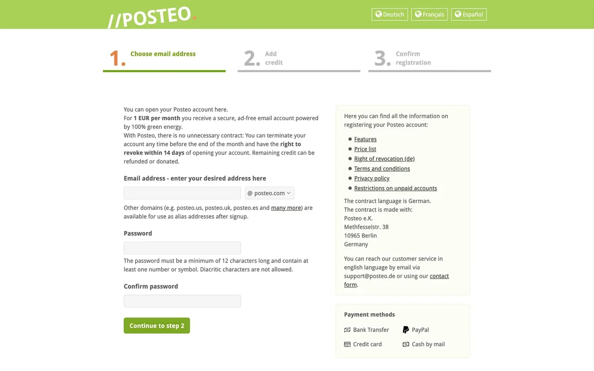 Posteo's sign-up page