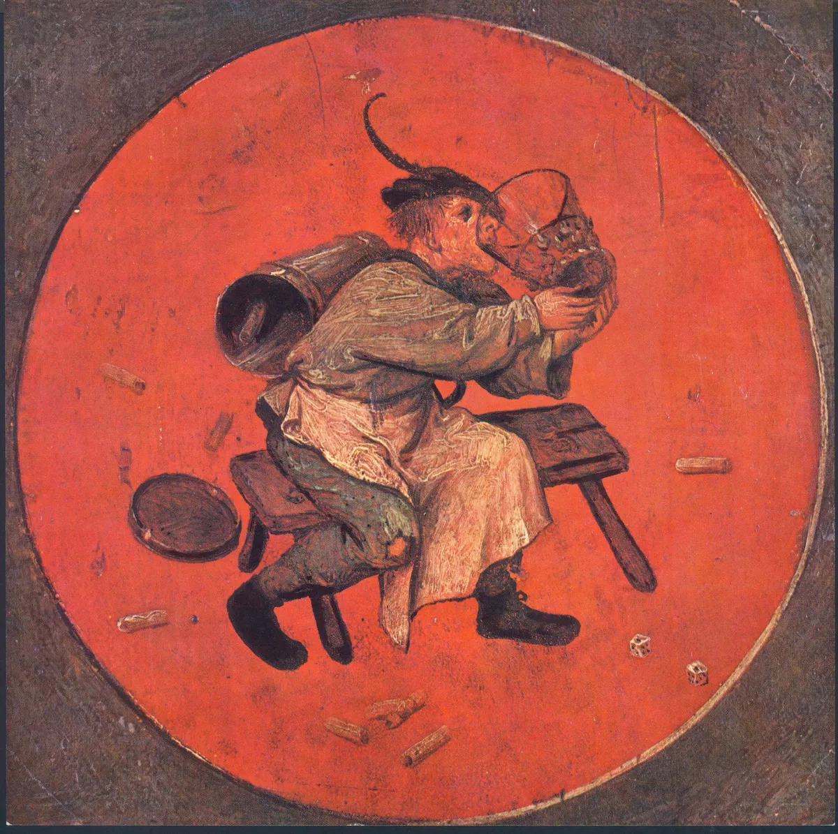 A learned gentleman drinks from an oversized glass with dice scattered on the floor