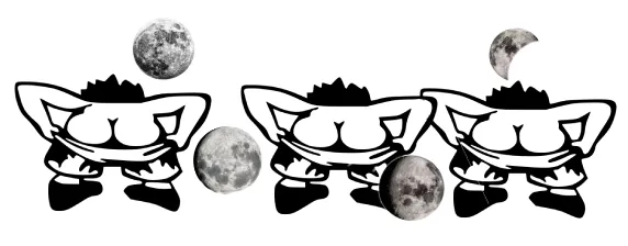 three pairs of butt cheeks, each orbited by one or two moons