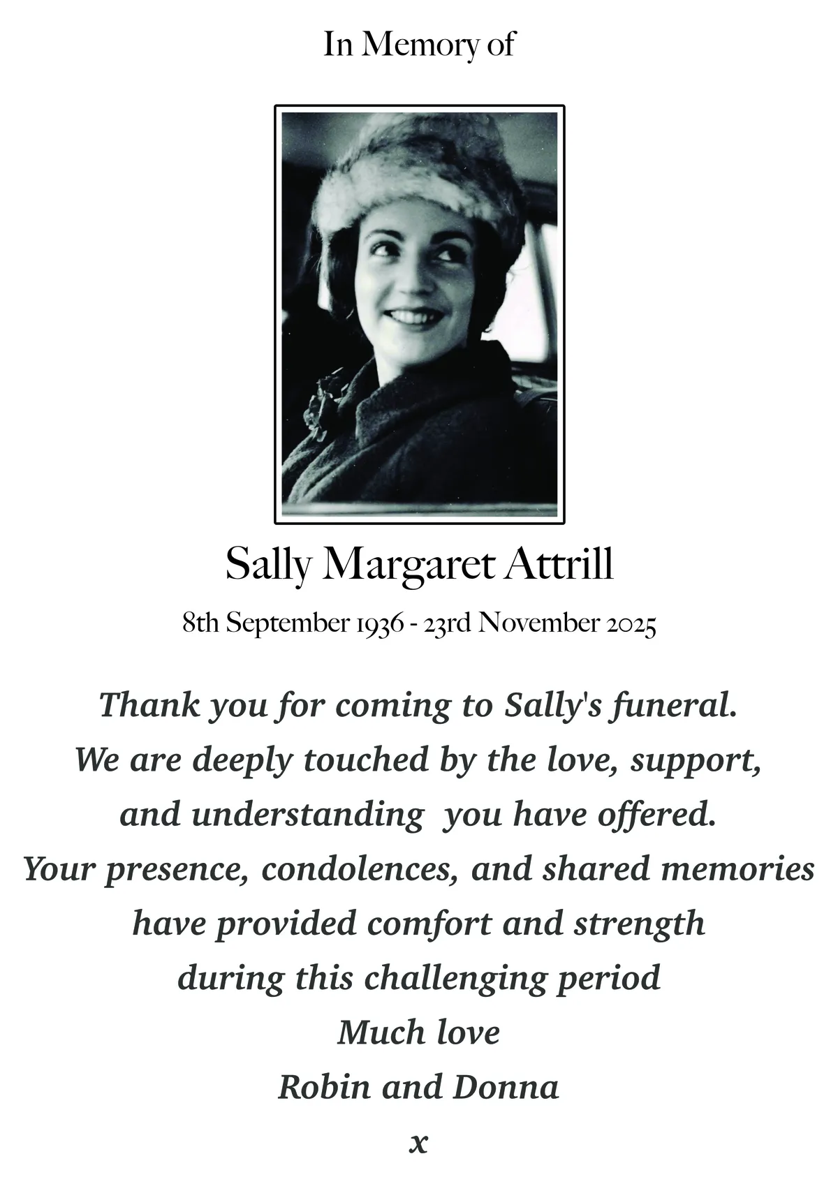 In memory of Sally Margaret Attrill