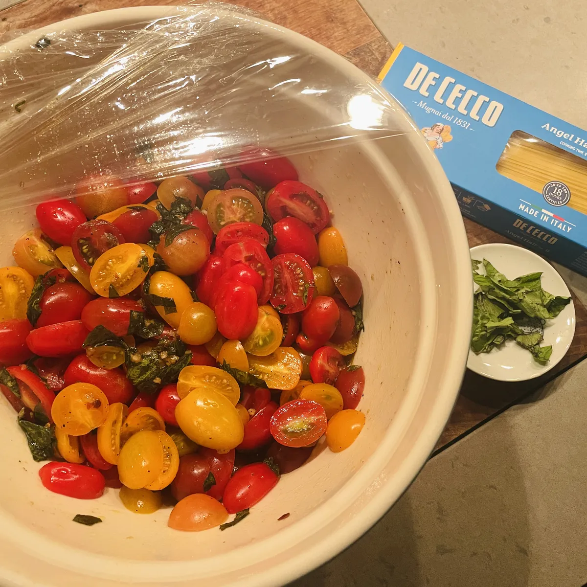 prepped (halved) tomatoes & other ingredients