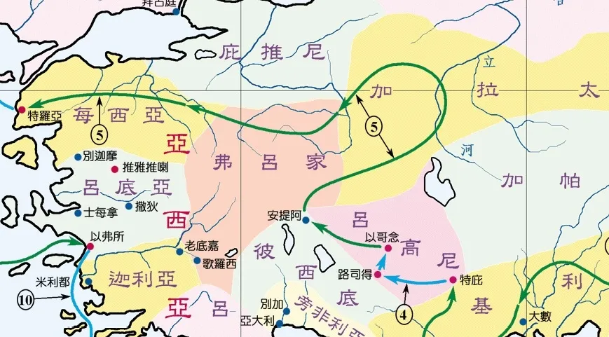 上图：保罗经过弗吕家加拉太向西到了每西亚的边界，圣灵禁止他们往南边的亚细亚省讲道（徒十六6），又不许他们往北边的庇推尼省（徒十六7），所以他们只能向西直行穿过每西亚，到达地中海边的特罗亚港（徒十六68）。