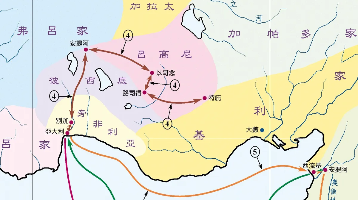 上图：使徒行传第十四章的主要地点：以哥念、路司得、特庇、彼西底、别加、亚大利、安提阿。