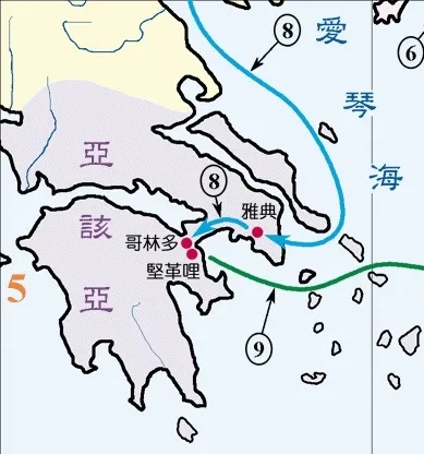 上图：保罗离了雅典，来到哥林多（徒十八1）。哥林多是当时罗马帝国亚该亚省的首都，在主前146年为罗马所毁，后来凯撒大帝重建新城。它的位置险要，扼守希腊本土与伯罗奔尼撒半岛之间哥林多地峡，也沟通东西坚革哩 （徒十八18） 和 Lecaeum 两港，商业十分繁荣。