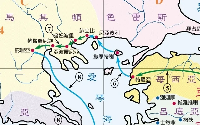 上图：保罗从亚洲的特罗亚开船，经撒摩特喇，到欧洲的尼亚波利港，然后走16公里到腓立比（徒十六11-12），开始向马其顿宣教。