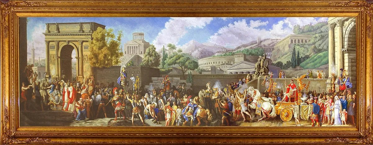 上图：古罗马凯旋仪式（拉丁语：triumphus）。凯旋仪式是古罗马授予获得重大胜利的将军的庆祝仪式，这是罗马人最大且最受欢迎的荣耀。凯旋仪式上的游行队伍一般都非常长，顺序是：元老院元老，号手，车载的战利品，用以献祭的白色公牛，被征服者首领的武器及徽章，被征服者首领及其亲属，其他战俘，凯旋者的扈从，站在战车上的凯旋者本人，凯旋者的已成年儿子及副官、军团长、军事保民官、骑兵队长等，凯旋者的士兵。