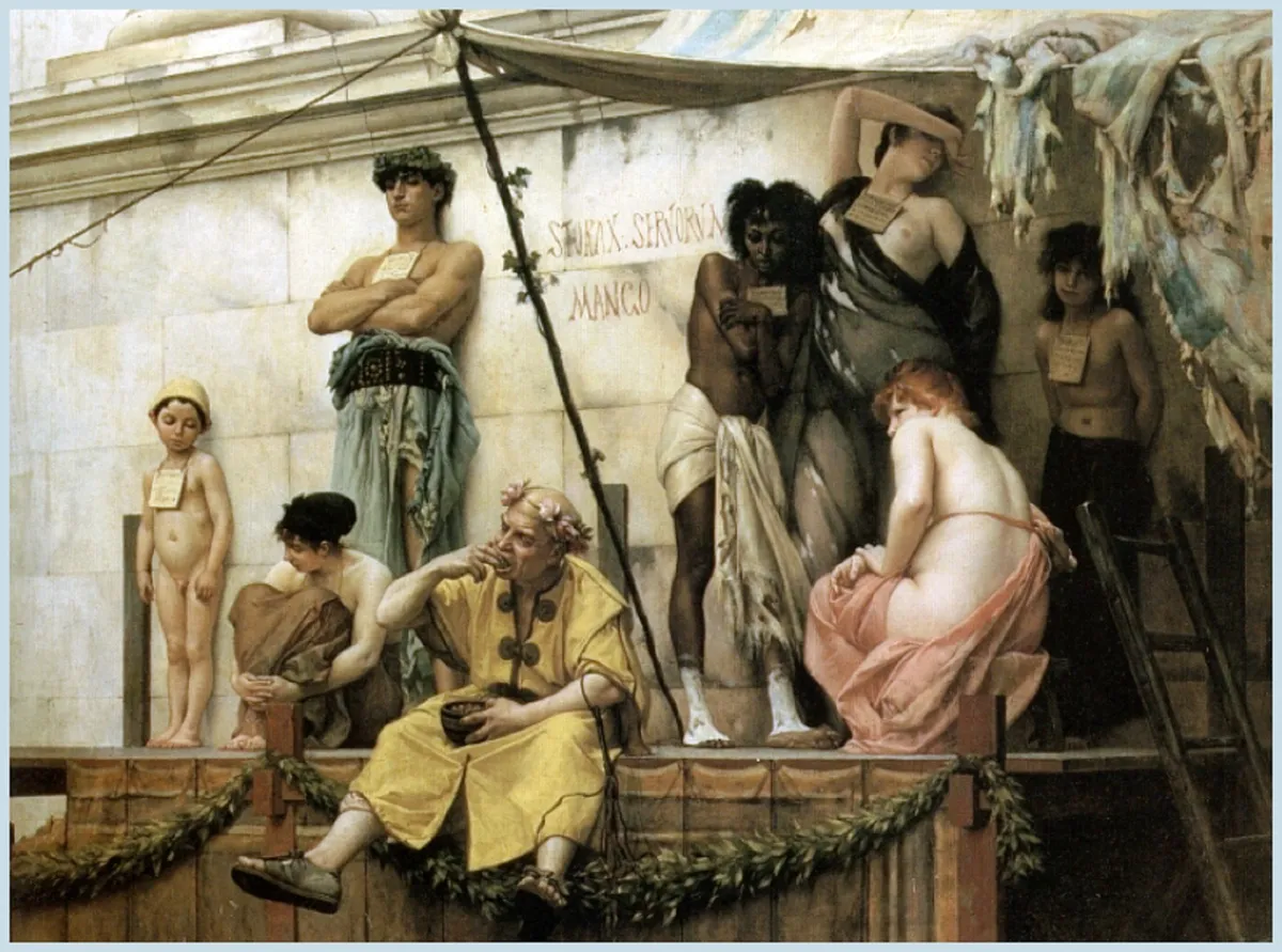 上图：法国画家古斯塔夫·布朗杰（Gustave Boulanger，1824-1888年）于1882年创作的油画《奴隶市场》，描绘了古罗马奴隶拍卖的场面，画中七个戴着标签的奴隶正在被拍卖。