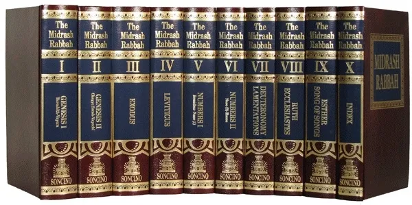 上图：《米大示 Midrash》的十卷Rabbah部分，而《米大示》全书有29卷。《塔木德 Talmud‎》全书63卷，包括三大部分：口传律法《密西拿 Mishnah》、口传律法注释《革马拉 Gemara》和圣经注释《米大示 Midrash》。「米大示」的意思是解释、阐释，是犹太拉比对圣经的注释，雏形出现于主后2世纪，并于主后6至10世纪成书。全书按希伯来圣经《塔纳赫》的顺序编排，称呼是在每书卷加上「米大示」，比如：《出埃及记》的注释被称为《出埃及记米大示》。《米大示》的内容分为两部分：《哈拉哈 Halachah》和《哈加达 Haggadah》。《哈拉哈》的意思是规则，是犹太教口传法规的文献，阐释经文的律法、教义、礼仪与行为规范，说明其生活应用。《哈加达》的意思是宣讲，是阐述经文的寓意、历史传奇和含义等，并对逾越节的仪式和祷告进行指导。