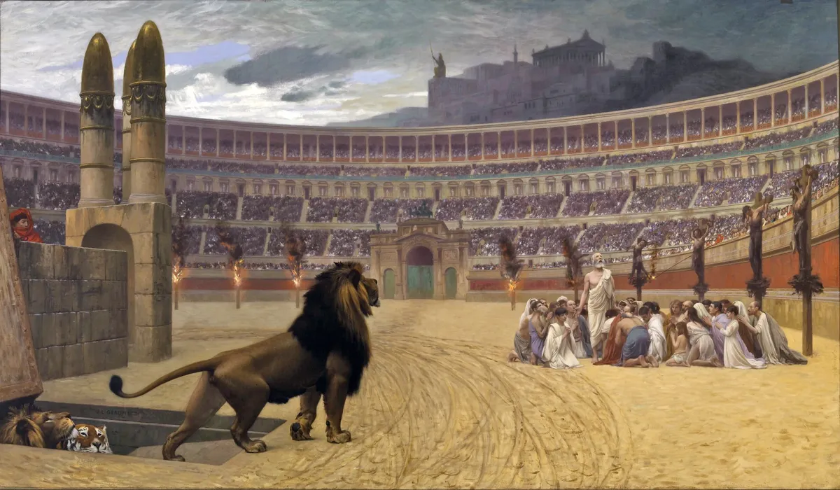 上图：油画《基督教殉道者最后的祷告 The Christian Martyrs’ Last Prayer》，法国画家让-里奥·杰洛姆（Jean-Léon Gérôme）绘于1863-1883年。这幅画描绘了尼禄皇帝迫害基督徒的情景：竞技场周围的柱子上，左边是遭受火刑的基督徒，右边是被十字架处死的基督徒，中间的一群基督徒正在祷告，看台上挤满了看热闹的罗马人，远处是罗马城内高耸的神庙和偶像，近处是一群猛兽从地下甬道进入斗兽场，准备把基督徒们撕得粉碎。不管怎么逼迫，信主的人却越来越多。两百多年以后，罗马皇帝宣布基督教为国教。