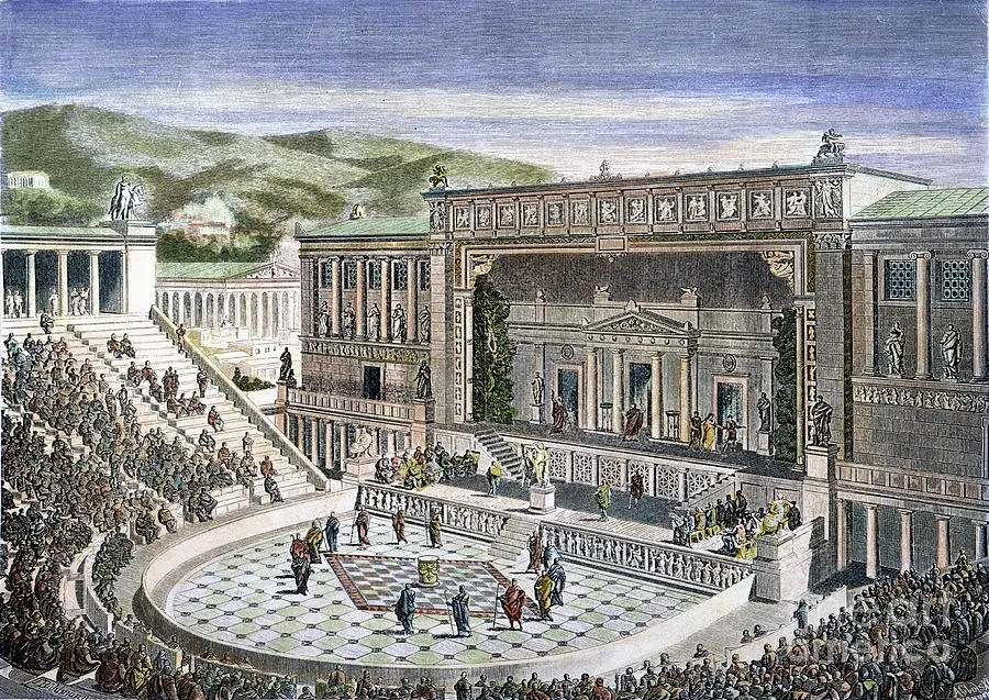 上图：雅典酒神剧场（Theatre of Dionysos）举行戏剧表演。「加上 epichoregeo」原文ἐπιχορηγέω 是一个生动的比喻，取自雅典戏剧节庆的一个典故。有一位富有的人付了合唱团（chorus）的费用，并联合了诗人和政府人士共同推出一场话剧。有几位像这样的富人互相比赛，看谁最慷慨购买道具支持合唱团。于是这个字就代表慷慨大方，不计代价。而基督徒也必须这样不计代价地与神配合，好活出一个正常的基督徒生活。