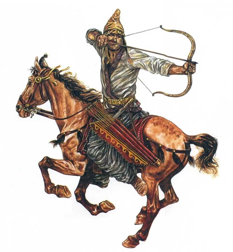 上图：帕提亚回马箭（Parthian Shot），又称安息回马箭，是一种由帕提亚人所发扬光大的弓骑兵战术。帕提亚人善于骑射，弓骑兵是安息帝国军中的主力。当年安息弓骑兵作战时广泛采用一种战术：于战场上佯作（或实际）撤退，引诱敌人（通常为骑兵）追赶。当敌人追至近身时，突然转身向身后的敌人发箭。由于距离较近，无须高超射术即可重创敌方。帕提亚人利用这一战术，在主前53年的卡莱战役（Battle of Carrhae）中战胜了罗马帝国。由于当时还没有发明马镫，骑手完全倚靠腿部的压力来引导马，所以这种战术需要精湛的马术技巧，后来主要在游牧民族的弓骑兵中普及。