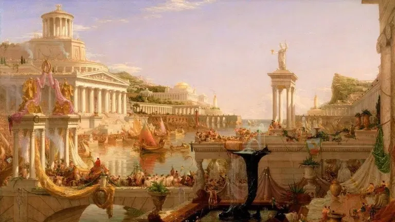 上图：描绘「罗马和平」（拉丁文：Pax Romana）的油画（Thomas Cole : The Consummation, The Course of the Empire，1836）。罗马和平，又译为罗马治世，是指罗马帝国前二百年比较兴盛的时期。主前30年，屋大维消灭埃及托勒密王朝，结束了罗马内战。统治整个地中海、黑海沿岸地区，法制相对公正严明，境内常年太平、治安良好，水陆交通通畅，使各族人民得以安居乐业、自由贸易，进入二百年长期繁荣的罗马治世时期。因此，逐渐有人建立庙宇，同时供奉罗马女神（Roma）和尤利乌斯·凯撒，渐渐演变为敬拜罗马女神和在位的凯撒，最终演变成凯撒崇拜的新宗教。罗马和平（Pax Romana）这个概念的影响如此之大，以致历史学家们用拉丁语创造了许多变体，如：不列颠和平（Pax Britannica）、美利坚和平（Pax Americana）、欧盟和平（Pax Europaea）、西班牙和平（Pax Hispanica）、蒙古和平（Pax Mongolica）、奥斯曼和平（Pax Ottomana）、伊斯兰和平（Pax Islamica）、中华和平（Pax Sinica）、苏维埃和平（Pax Sovietica）。这个概念被统称为「帝国和平 Pax Imperia）」。