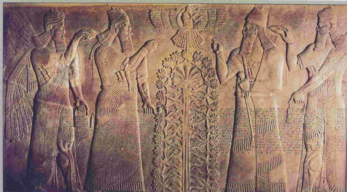 上图:新亚述时代(Neo-Assyrian)的生命树浮雕。出土于伊拉克北部尼姆鲁德(Nimrud,即宁录)阿淑尔纳西尔帕二世(Ashurnasirpal II,主前883–859年在位)的宫殿。