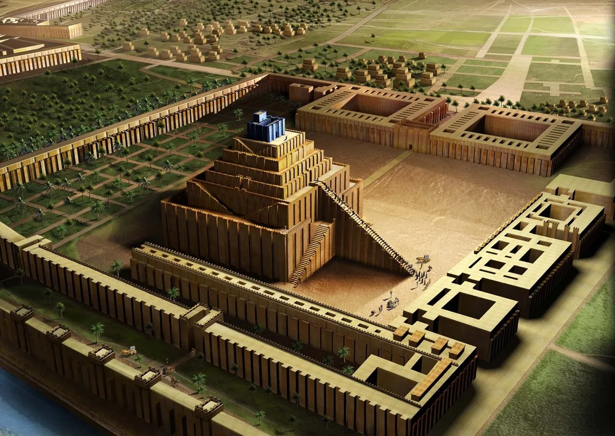 上图:主前610年新巴比伦帝国的巴比伦塔庙(Ziggurat)示意图。每个美索不达米亚早期城市都有一个塔庙,作为城市守护神从天而降的阶梯。塔庙于主前4000年由苏美尔人的高台演化而来,苏美尔人、巴比伦人、埃兰人、阿卡德人和亚述人都曾建造塔庙,高度从两层到七层不等。塔庙的造法基本相同,内部用晒制砖填充,每隔一定高度就铺上一层芦苇席,外壳以沥青作胶泥,用烤制砖砌成,国王的名字有时会刻在这些砖头上。希腊史学家希罗多德(主前484-425年)所描述的巴比伦塔庙有7层,高91米,占地91米x91米,顶端有神龛,是当时这个地区最高、最显眼的建筑,用来敬拜巴比伦的守护神马尔杜克。主前330年,亚历山大下令铲平这座塔庙,以便在原址上建造他的陵墓。结果壮志未酬身先亡,重建计划成了烂尾工程。