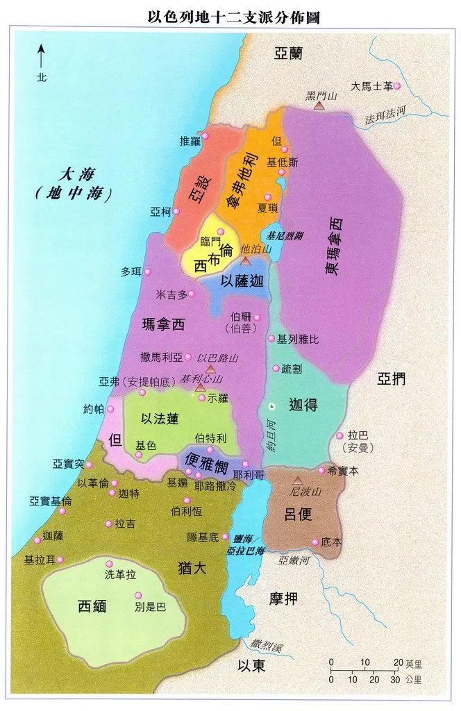 上图：十二支派的土地。玛拿西和以法莲就像雅各的其他儿子一样，各得一块地。所以雅各说：「你在埃及地所生的以法莲和玛拿西这两个儿子是我的」（创四十八5）。