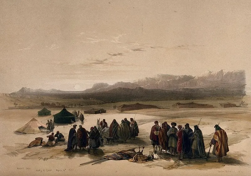 上图：1849年的一封版画，远处是西珥山。西珥山是约旦高原从死海到亚喀巴湾之间海拔1000多米的一片山区，不在应许之地的范围内。