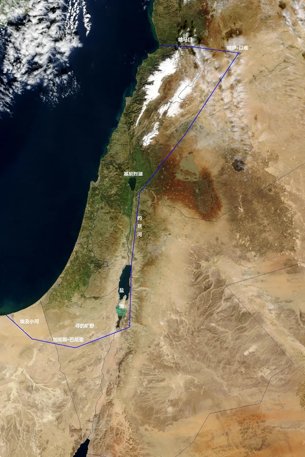 上图:在卫星照片上标出的应许之地示意图,南起埃及小河,北到哈马口,西至大海,东到约旦河,包括了今天的以色列、黎巴嫩和叙利亚的一部分。从卫星照片可以看出,在这个范围之外,大都是没有绿色的荒漠地带。