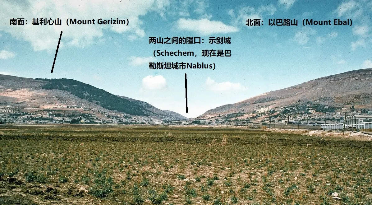上图:“示剑城”位于迦南地中部、以巴路和基利心山之间的隘口,主前2500-2250年的叙利亚埃勃拉泥版(Ebla Tablets)和主前1880-1840年的埃及Sebek-khu石碑(Sebek-khu Stele)中都提到过示剑城。示剑城位于南北和东西贸易干道的交叉口,是一个商业中心,交易葡萄、橄榄、小麦、牲畜和陶器。该城因有许多泉水,土地很肥沃,所以物产丰富。现在这里是一个巴勒斯坦城市Nablus,郊区的Tell Balata遗址被认为就是古代的示剑城。