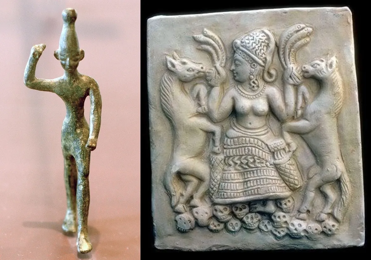 上图:巴力和亚纳特。在迦南的宗教中,巴力(Baal)是雨水与农作物的神,每年的雨季就是巴力战胜大水与海洋带来的雨水,旱季就是巴力被死亡与干旱之神摩特(Mot)杀害。而巴力的配偶亚纳特(Anath)把摩特打败之后,巴力又复活,重新带给大地雨水。迦南人认为秋季的雨量与春季的作物发芽,都是因为巴力与其配偶交合所带来的繁殖力量。因此,行淫成为巴力崇拜仪式中的重要一环,关系到牲畜的多产、农业的丰收,所以为了促进巴力与其配偶繁殖的力量,迦南人要与神庙中的庙妓行淫。