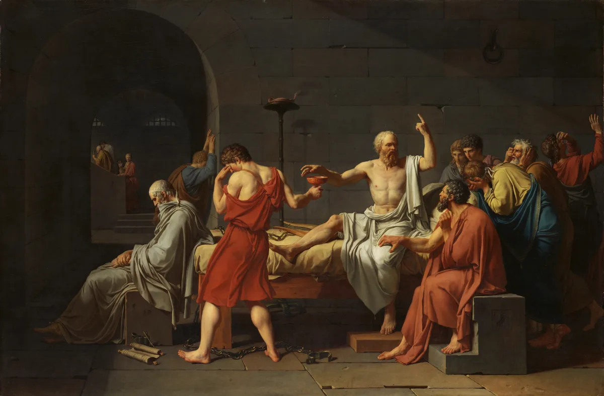 上图：法国大革命画家雅克-路易·大卫（Jacques-Louis David）1787年的油画作品《苏格拉底之死 The Death of Socrates》。主前399年，古希腊哲学家苏格拉底（Socrates，主前470-399年）被控不敬神和腐蚀雅典青年，庭审的辩论、举证、投票过程严格按照雅典的民主、法制程序，结果他被民主选拔出来的500人陪审团按着他们自己认为的“公义”投票，被判饮毒堇汁而死。离开绝对真理的“少数服从多数 Majority rule”并不是“公义”，只不过将多数人的利益置于少数人之上的“多数人暴政”（Tyranny of the majority）。然而画家所看中的却是苏格拉底为信仰而死的坚毅精神，所以积极投身法国大革命，为了他自己认为对的信仰，投票把一个又一个拦阻实现这信仰的人推上了断头台。