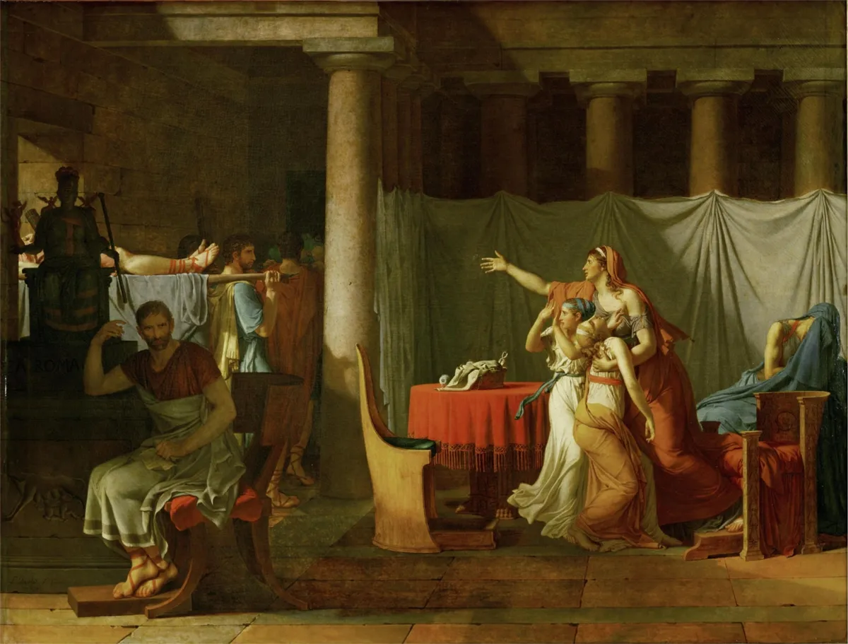 上图：法国大革命画家雅克-路易·大卫（Jacques-Louis David）1789年的油画作品《运送布鲁图斯儿子尸体的军士们 The Lictors Bring to Brutus the Bodies of His Sons》。布鲁图斯（Lucius Junius Brutus）是罗马共和国的建立者，担任罗马第一任执政官。他“按着公义审判”了参与密谋恢复帝制的两个儿子，下令处决了他们。画中的布鲁图斯背对着两个儿子的尸体，对国家大事作冷静的理性思考，而他的妻子和两个女儿却为亲情而悲痛不已。画家主张艺术为政治服务，用中间的柱子把画面分成两部分：左侧是国家利益、理性思考，这是他所推崇的；右侧是家庭价值、人伦亲情，这是他所批判的。这幅作品反映并鼓舞了法国大革命的“公义”思想，画家本人也按着这种人间的“公义”，投票把善良的法国国王路易十六（Louis XVI，1774-1791年在位）于1793年推上了断头台。而一年之后，宣布“路易必须死，因为共和国必须生”的雅各宾派革命领袖罗伯斯比尔（Maximilien de Robespierre），也被更“公义”的革命者送上了断头台。