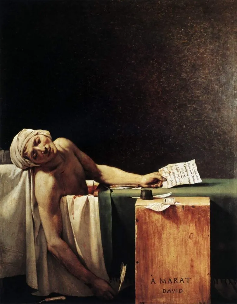 上图：法国大革命画家雅克-路易·大卫（Jacques-Louis David）1793年的油画作品《马拉之死 The Death of Marat》。让-保尔·马拉（Jean-Paul Marat，1743-1793年）是法国大革命时期的革命家，因有慢性皮肤疾病，每天泡在带有药液的浴缸中为革命工作。1793年1月，法国大革命吉伦特派（Girondins）主导的国民公会（Convention nationale）投票把善良的国王路易十六推上了断头台。6月，更革命的雅各宾派（Jacobin）逮捕了吉伦特派，马拉负责主持镇压吉伦特派。7月，当他记录吉伦特派名单、准备把他们送上断头台的时候，被吉伦特派的支持者刺杀了。马拉的朋友雅克-路易·大卫把马拉描绘成为革命献身的殉道者，激起了法国人对雅各宾派的同情，把雅各宾派的恐怖政治推上了巅峰，以致罗伯斯庇尔说：“马拉的死亡竟然比他的生命更影响这个世界”。10月，雅各宾派主导的国民公会投票把吉伦特派领导人集体推上了断头台。到了1794年7月，其他革命者主导的国民公会又投票把雅各宾派的领导人集体推上了断头台。离开神来谈论“公义”，只不过是“成者为王、败者为寇”，革命只不过是“城头变幻大王旗”而已，正如吉伦特派革命者罗兰夫人（Madame Roland）在断头台上向着革命广场上的自由雕像发出的叹息：“自由自由，天下古今几多之罪恶，假汝之名以行！”