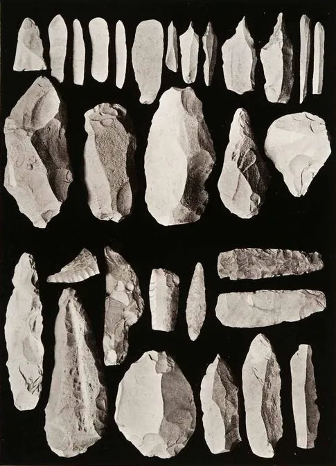 上图:西奈旷野的燧石(Flint),是一种致密、坚硬的灰、黑色硅质岩石,敲碎后产生锋利的贝壳状断口,石器时代的大部分石器都是用燧石制造的。燧石和铁器击打会产生火花,所以被古代人用作生火的工具,称为火石。