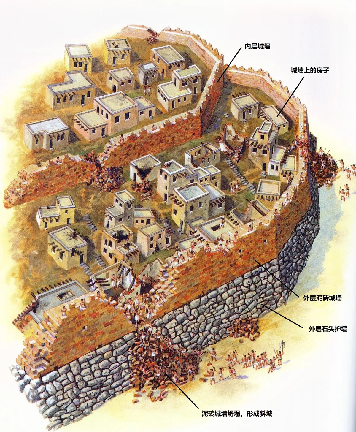 上图:根据以上照片所绘的复原图。耶利哥的城墙倒塌了,石头护墙和其上的泥砖墙裂开,倒下的泥砖堆成坡道,攻城者可以长驱直入。